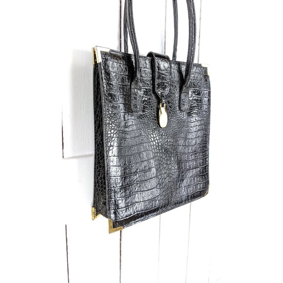 Vintage black embossed leather computer laptop tote bag purse - Picture 5 of 6